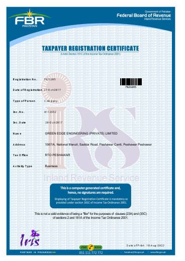 Taxpayer registration certificate document preview