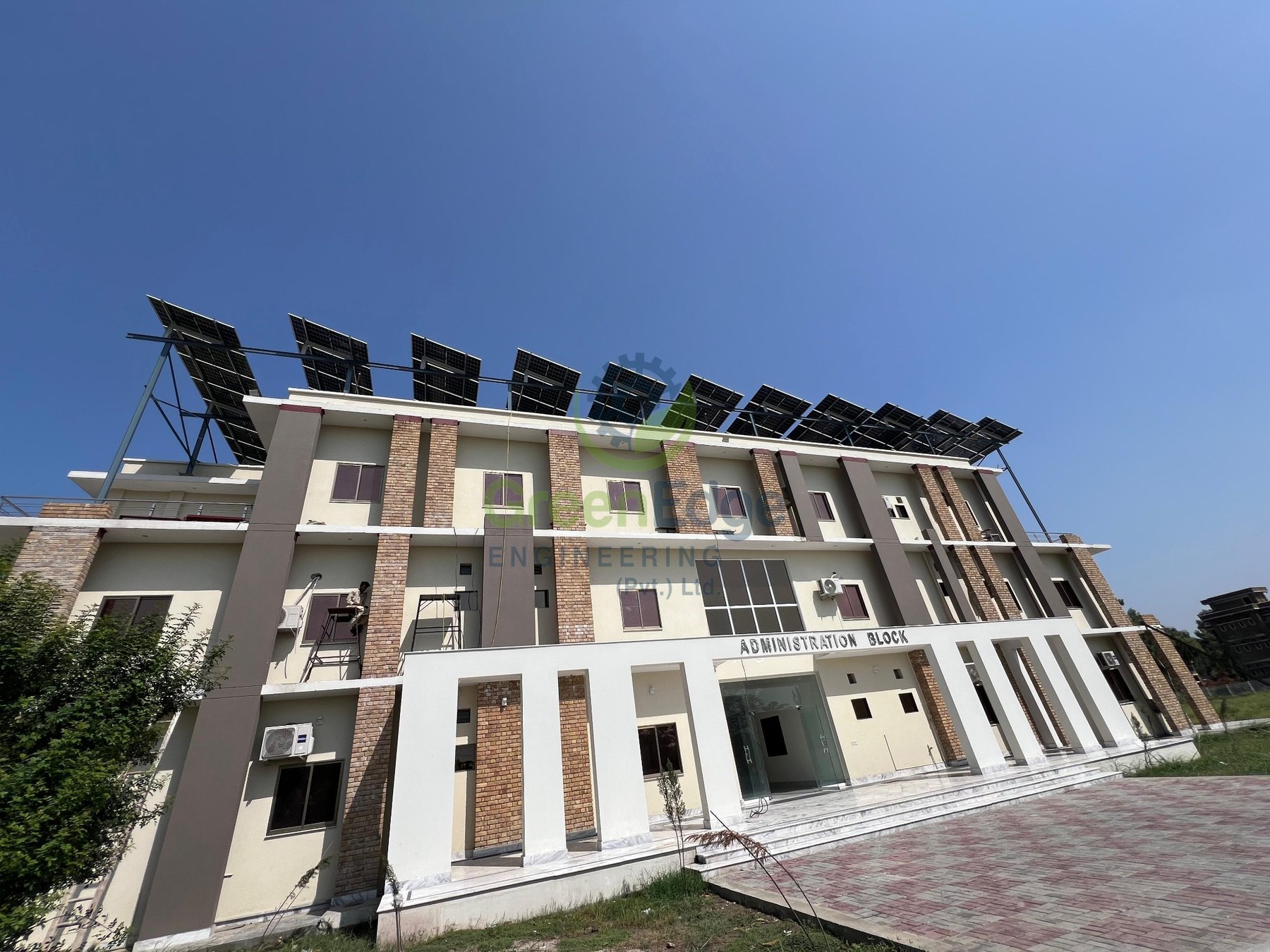 Campus building with rooftop solar panels
